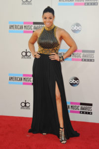 Jordin Sparks black and gold gown at American Music Awards 