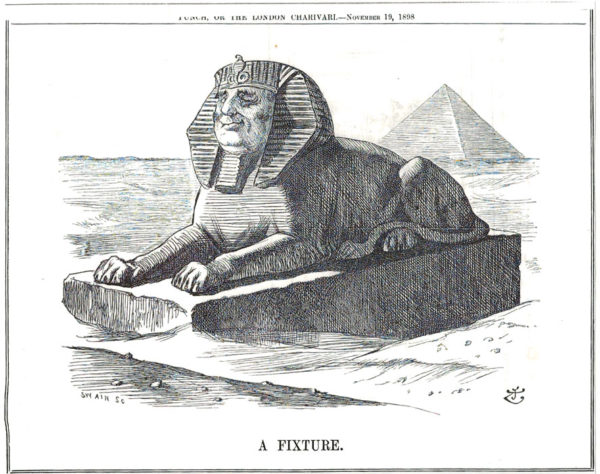 Political Cartoon of a Sphinx with an Anglo-Saxon face