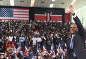 US President Barack Obama waves after speaking at Safaricom Indoor Arena in Nairobi on July 26, 2015 (AFP Photo/Saul Loeb)