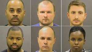 The six police officers who have been charged (top row from left): Caesar Goodson Jr, Garrett Miller and Edward Nero; bottom row from left: William Porter, Brian Rice and Alicia White. Getty Images