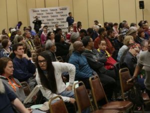 A crowd listens as Flint residents speak during the Michigan Civil Rights Commission public hearing on Thursday, April 28, 2016, at the Riverfront Banquet Center in downtown Flint. Photo by Ryan Garza Detroit Free Press