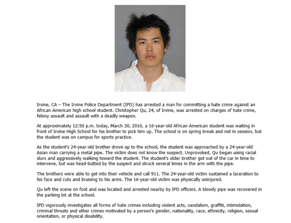Screenshot of Irvine Police Department Press Release 