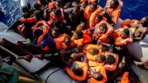 Rescued migrants board a ship during an operation co-ordinated Medecins Sans Frontieres in the Mediterranean Sea. Photo: 26 October 2016Image copyrightAP Image caption More than 100 other migrants were rescued from an inflatable dinghy off Libya's coast on Wednesday