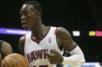 Oct 10, 2013; Atlanta, GA, USA; Atlanta Hawks point guard Dennis Schroder (17) reacts to a call against the Memphis Grizzlies in the second quarter at Philips Arena. Mandatory Credit: Brett Davis-USA TODAY Sports
