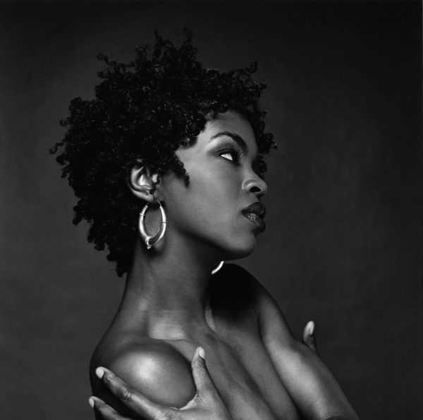 Black and white photo of Lauryn Hill