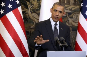 U.S. President Obama addresses during a press conference at Belveder Palace in Warsaw