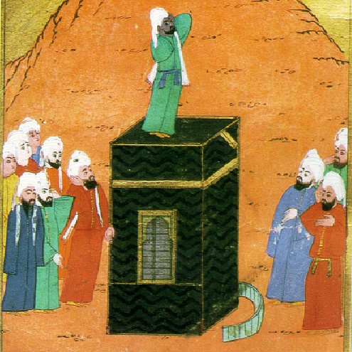 Bilal ibn Ribah pictured, atop the Kaaba