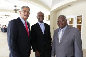 (L-R): Ambassador Lorne McDonnough, CDF’s CEO and Dr Alvin Hillaire, CDF Board of Directors’ Chairman, with Robert Morris, Ambassador of Barbados to the Caribbean Community (CARICOM), at the recent CDF Fourth Annual Meeting of Contributors and Development Partners held in Barbados