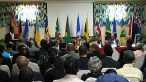 Grenada Prime Minister Dr Keith Mitchell addressing a high level CARICOM science and technology meeting in St George’s 