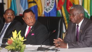Chair of Caricom Antiguan Prime Minister Gaston Browne (left), Caricom Chair Bahamian Prime Minister Perry Christie and Prime Minister of Barbados Freundel Stuart at post-summit press briefing.