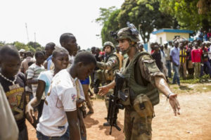 French soldiers try to deal with the local populace in CAR’s capital Bangui.