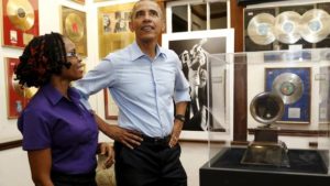 President Obama gets a tour of the Bob Marley Museum from a staff member Natasha Clark in Kingston, Jamaica  REUTERS 