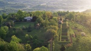 An aerial view of Monticello shows Mulberry Row to the right of Thomas Jefferson's house. (Robert Llewellyn/ Thomas Jefferson Foundation at Monticello) 