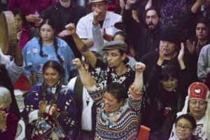 SEATTLE, WA - OCTOBER 13: People cheer during Indigenous Peoples' Day celebrations at the Daybreak Star Cultural Center on October 13, 2014 in Seattle, Washington. Earlier that afternoon, Seattle Mayor Ed Murray signed a resolution designating the second Monday in October to be Indigenous Peoples' Day, instead of teh traditional Columbus Day. (Photo by David Ryder/Getty Images)