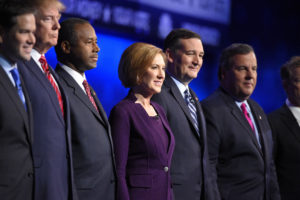 Republican presidential candidates, from left, Marco Rubio, Donald Trump, Ben Carson, Carly Fiorina, Ted Cruz, and Chris Christie take the stage during the CNBC Republican presidential debate at the University of Colorado, Wednesday, Oct. 28, 2015, in Boulder, Colo. (AP Photo/Mark J. Terrill)