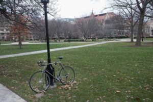 The Quad on the Hyde Park Campus of the University of Chicago is nearly deserted on November 30 after the school shut down amid a threat of imminent violence. (Getty)