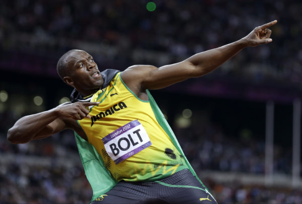 Jamaica's Usain Bolt reacts to his win in the men's 100-meter final during the athletics in the Olympic Stadium at the 2012 Summer Olympics, London, Sunday, Aug. 5, 2012.(AP Photo/Anja Niedringhaus)