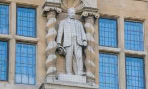 The statue of Cecil Rhodes at Oriel. Oxford University said a consultation process had shown ‘overwhelming’ support for keeping it. (Greg Blatchford/Barcroft)