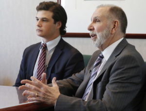 Texas A&M student body president Joseph Benigno, left, and Texas A&M University President Michael K. Young were in Dallas to meet with students at Dallas UpLift Education about recent racial slurs aimed at them during a TAMU campus tour last week. (David Woo/The Dallas Morning News)