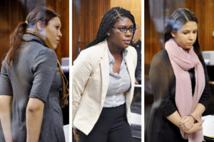  From left, Ariel Agudio, Asha Burwell and Alexis Briggs in court this week; the three University at Albany students pleaded not guilty to misdemeanor assault charges stemming from a bus fight. Photo by Paul Buckowski/Times Union 