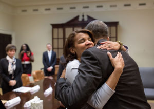 President Barack Obama hugs Kemba Smith during a greet with formerly incarcerated individuals who have received commutations, in the Roosevelt Room of the White House, March 30, 2016. Following that meeting the President took the group to lunch at a local restaurant. (Official White House Photo by Pete Souza)