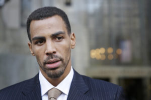 Thabo Sefolosha talks to reporters outside criminal court in New York, Friday, Oct. 9, 2015. The Atlanta Hawks' player was acquitted Friday in a case stemming from a police fracas outside a trendy New York City nightclub. (AP Photo/Seth Wenig)