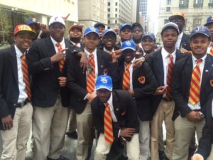 The 2016 graduating class of Urban Prep Charter Academy poses for a picture at their ceremony in Daley Plaza. Photo by Lisa Fleming/CBS Chicago.