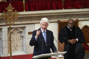 Former President Bill Clinton speaks to the congregation at the Antioch Baptist Church in Harlem while campaigning for his wife, Hillary. JAMES KEIVOM/NEW YORK DAILY NEWS Former President Bill Clinton speaks to the congregation at the Antioch Baptist Church in Harlem while campaigning for his wife, Hillary.
