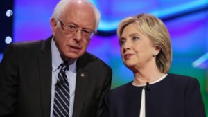 Presidential candidates Bernie Sanders and Hillary Clinton at the Democratic Debate. Photo by Matt Baron/Rex Shutterstock