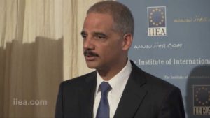 Former US Attorney General Eric Holder speaks at a conference for the Institute of International and European Affairs. YouTube.