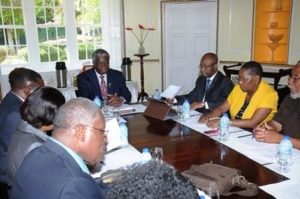 Prime Minister Stuart at a meeting with reparation stakeholders (photo via Caribbean News Now)