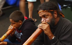 Aboriginal performers play didgeridoos at Fremantle Markets in 2009