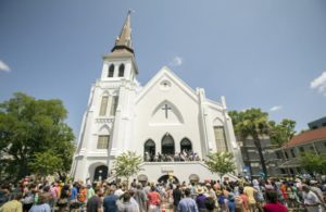 Crowds gather outside the Emanuel AME Church in Charleston, June 21, 2015, AP Photo/Stephen B. Morton