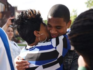 Davontae Sanford reunites with his mother, Taminko Sanford-Tilmon at their home in Detroit on June 8, 2016. Photo by Robin Buckson/The Detroit News