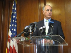 Sen. Bob Casey introduces a new bill aimed at preventing people convicted of a hate crime from being able to buy a gun. Photo by Nicole Fallert/90.5 WESA