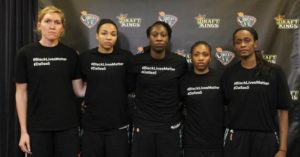 Members of WNBA team the New York Liberty fined for wearing black t-shirts in honor of black men and police officers killed earlier this month. Image courtesy of Twitter. 