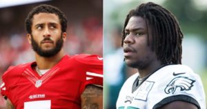 49ners quarterback Colin Kaepernick and Eagle's linebacker Myke Tavarres will both protest oppression of Black people by not standing for the national anthem. (Twitter)