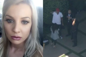 Baylee Curran accused and Chris Brown, pictured speaking to police, of pointing a gun at her. (Twitter/KTLA)