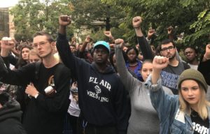 Students protest at American University on Monday, Sept. 19, following racist incidents at a student dorm. Image courtesy of Alejandra Matos/The Washington Post