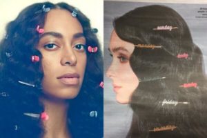 Solange's "A Seat At The Table" album cover and a white model wearing the same hair style. (Saint Heron/Evening Standard/Twitter)