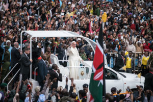 NAIROBI, KENYA - NOVEMBER 26:  Pope Francis arrives at the University of Nairobi for a public mass in downtown Nairobi on November 26, 2015, in Nairobi, Kenya. Pope Francis makes his first visit to Kenya on a five day African tour that is scheduled to include Uganda and the Central African Republic. Africa is recognised as being crucial to the future of the Catholic Church with the continent's Catholic numbers growing faster than anywhere else in the world.  (Photo by Nichole Sobecki/Getty Images)