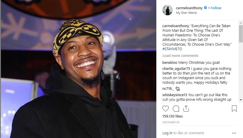 Carmelo Anthony received encouragement from fans after posting an Instagram message.