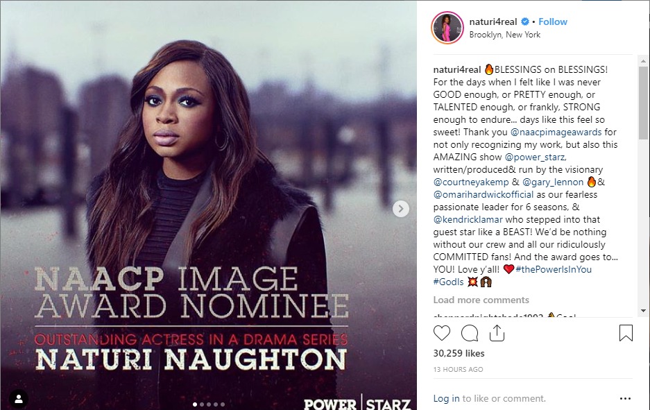 Naturi Naughton celebrates being nominated for Outstanding Actress in a Drama Series for "Power" role.