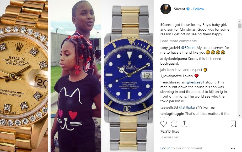 50 Cent says he "gets off" by buying expensive gifts for children and fans tell him to change his wording.