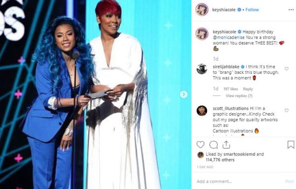 Keyshia Cole with blue hair and Monica in white