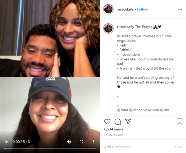 Ciara and Russell Wilson on Instagram Live with their good friend La La Anthony. @russcidaily/Instagram