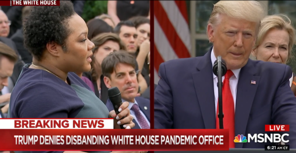 White House reporter Yamiche Alcindor pressed President Donald Trump about the dissolution of the pandemic response team. (Photo: MSNBC / video screenshot)