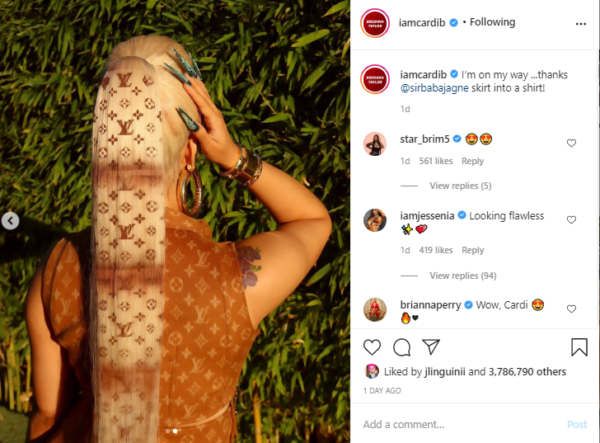 American music star Cardi B shows off her Louis Vuitton-inspired ponytail 