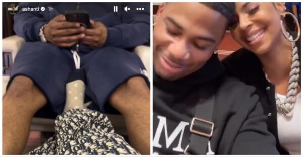 Ashanti shares spicy photo of her foot on Nelly and fans zoom in on what's between his legs.