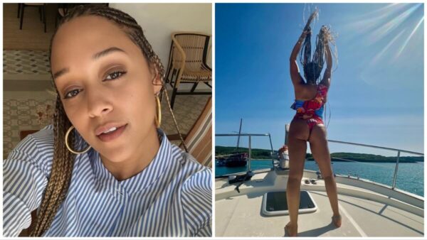 Tia Mowry puts her natural cheeks on full display in vacation photos. 
